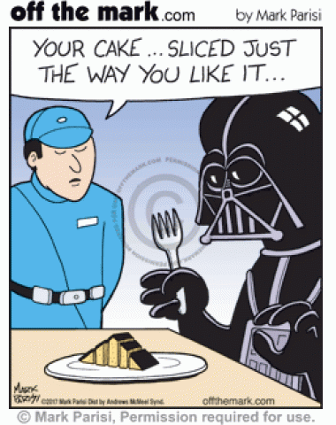 Soldier serves Darth Vader cake sliced so that he can fit it into his mask's mouth.