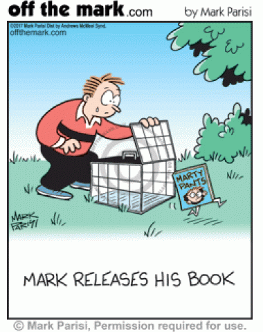 Mark releases his book Marty Pants from its cage into the world.