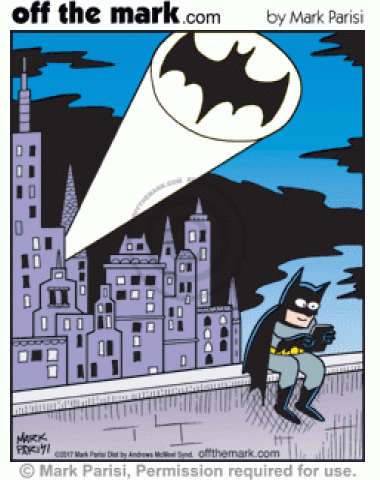 Batman is too distracted looking at his phone that he misses Bat Signal in sky.