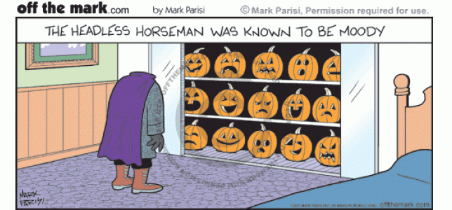 Sleepy Hollow headless ghost picks happy, sad, or mad mood Halloween pumpkin head emotions in closet.