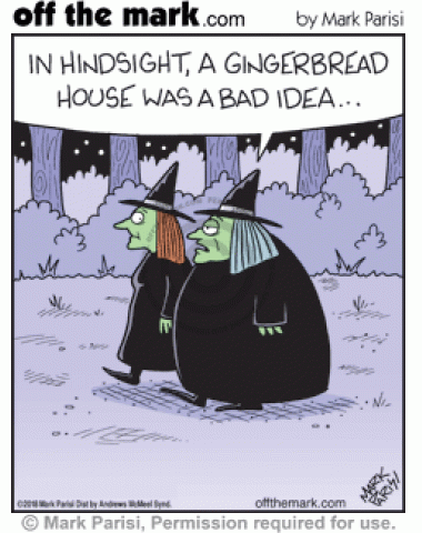 Fat witch regrets eating a whole gingerbread house.
