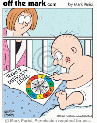 Baby spins wheel to see how fussy to be today.