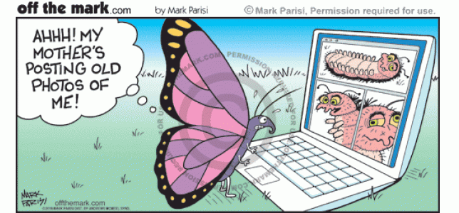 Butterfly is embarrassed by larvae baby photos mom posts online.