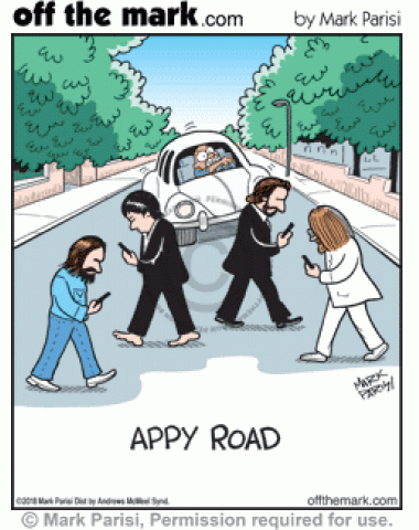 The Beatles are distracted by smartphones while crossing Abbey Road.