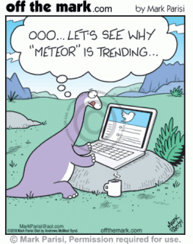 Dinosaur on laptop checks why meteor is trending on Twitter.