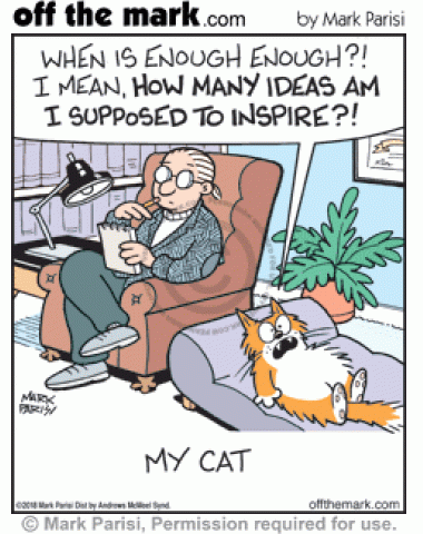 Stressed out cartoonist’s cat is in psychologist’s office because of pressure to inspire ideas.
