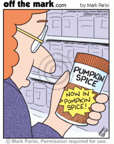 Woman shopping for groceries looks at a jar of seasonal pumpkin spice flavored pumpkin spice seasoning.