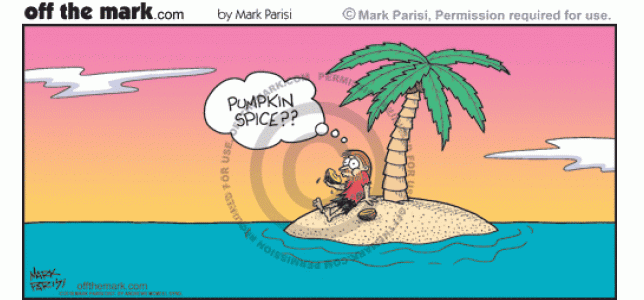 Man on desert island is surprised by pumpkin spice flavored coconut.