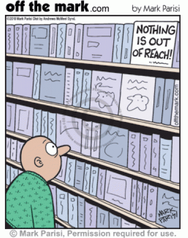 Book titled Nothing Is Out of Reach is on top shelf of bookstore where man can’t get it. 