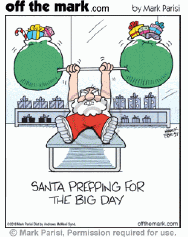 Exercising Santa lifts present sack weights to prep for delivering toys on Christmas Eve.