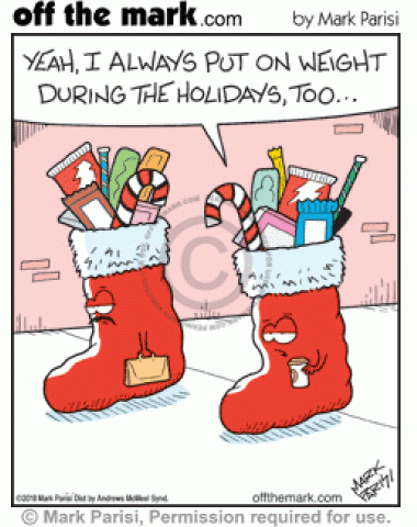 Stocking filled with Christmas gifts says to another that it always puts on weight during the holidays too.