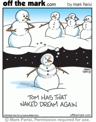 Snowman dreams he’s laughed at because he’s nude without buttons on his chest.