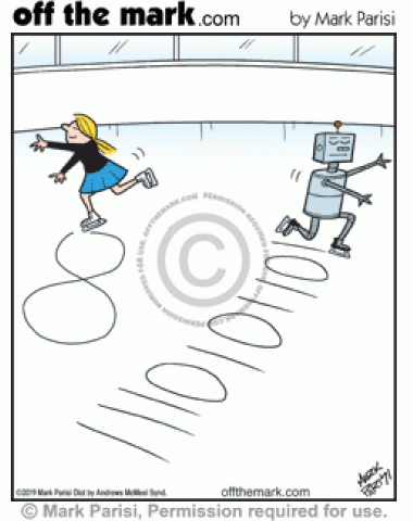 Robot on ice skating rink makes figure eight in computer binary code.