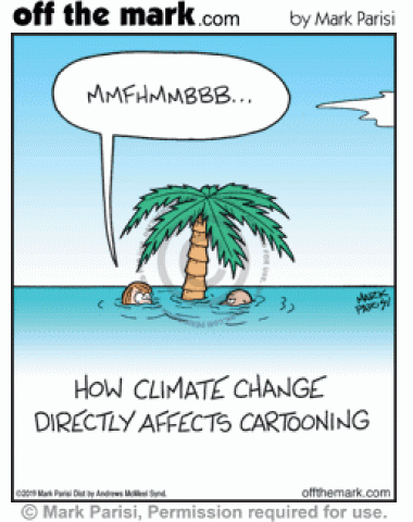Underwater castaways on deserted island flooded by rising sea levels shows direct effect of climate change on cartooning.