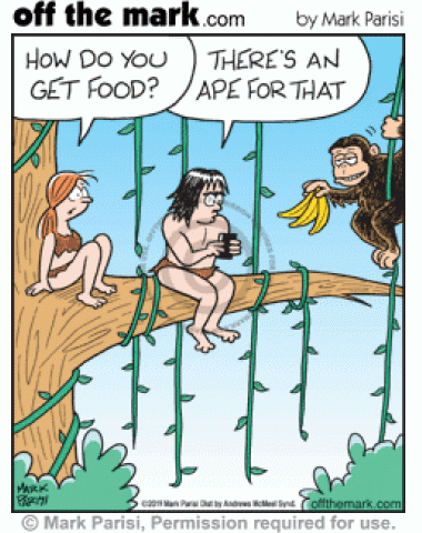 Tarzan orders banana monkey delivery with cellphone food delivering ape app.