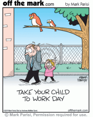 Bird with chick poops on man going to work with kid on Take Your Child To Work Day.