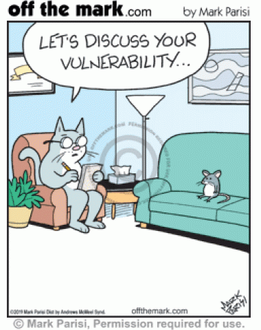 Cat psychiatrist asks mouse therapy patient to discuss it’s vulnerability.