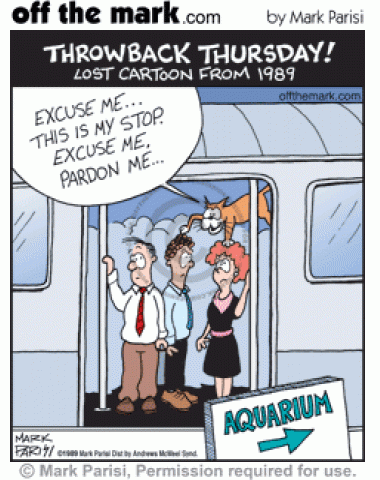 Vintage 1989 cartoon 1989, cat walks over subway commuters heads to get off at aquarium train station.