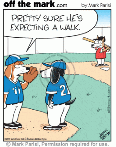 Dog baseball coach tells pitcher that excited dog player at bat expects a walk.