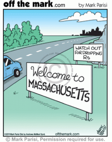 Highway road signs welcomes drivers to Massachusetts and warns to watch out for dropping r’s in Boston accents.