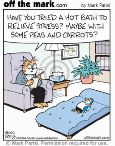 Cat psychologist suggests hot bath with peas and carrots for stressed bird therapy patient.