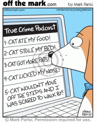 Dog on laptop reads list of scary cat true crime podcasts online.