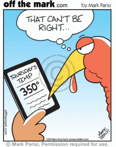 Turkey with cellphone weather app thinks 350 degree Thursday forecast can’t be right.