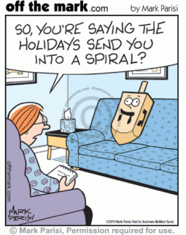 Counselor asks stressed dreidel in therapy if holidays send it into a spiral.