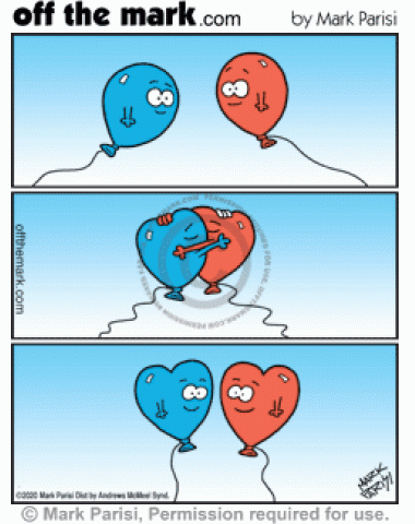 Floating balloons in love embrace and kiss for Valentine’s Day, becoming heart shaped.