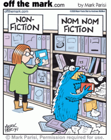 Shopper in non-fiction sees Sesame Street’s Cookie Monster eating books on nom nom bookstore shelves.