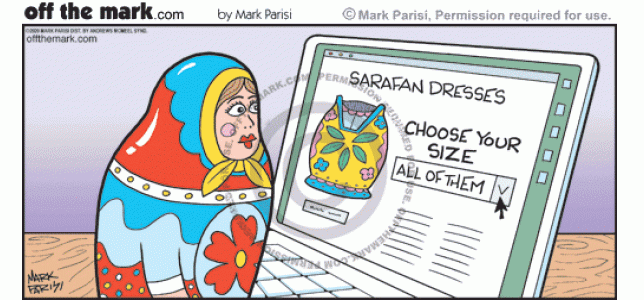 Russian matryoshka doll with laptop buying dress on website chooses size all of them.