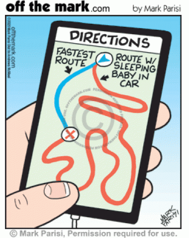 Parents’ smartphone GPS directions map shows fastest direct and longer routes for a sleeping baby riding in the car.