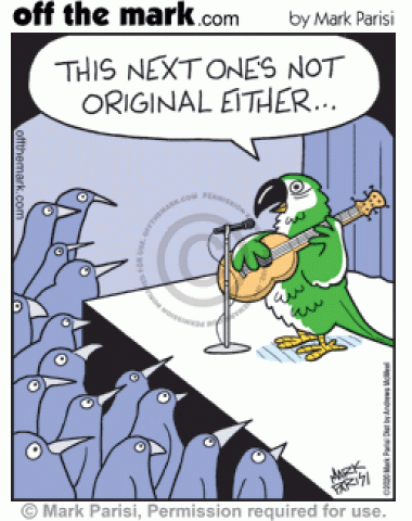 Parrot guitarist tells bird concert audience the next song isn’t original either.