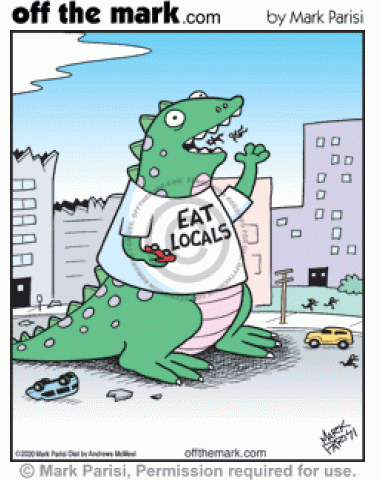 <p>
	Godzilla wearing eat locals t-shirt devours local people in demolished city.</p>
