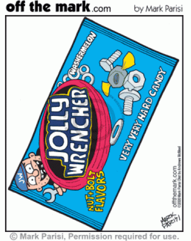 Spoof metal bolt and nut Jolly Wrencher candy wrapper parodies Jolly-Ranchers packaging.