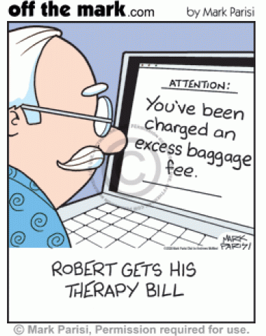 Man on laptop is charged excess baggage fee on therapist’s appointment invoice.