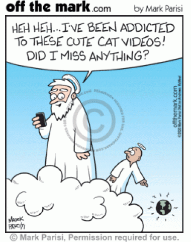God watching funny cat videos on smartphone asks angel if he missed anything as Earth cries for help from 2020 virus and disasters.