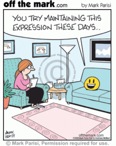 Emoji face in counseling tells therapist you try keeping happy expression these days.