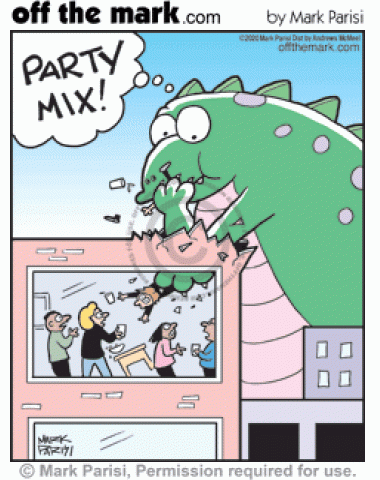 Godzilla monster smashing city devours partygoers party mix.