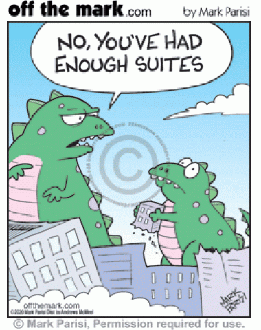 Godzilla parent destroying city tells child asking to eat building “no more suites.”