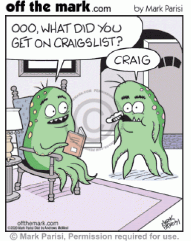 Monster asks monster with foot in mouth what it got on Craigslist website and it says Craig.