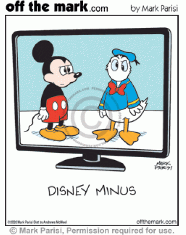 Disney+ streaming video parody of cartoon Mickey Mouse and Donald Duck missing ear and beak.