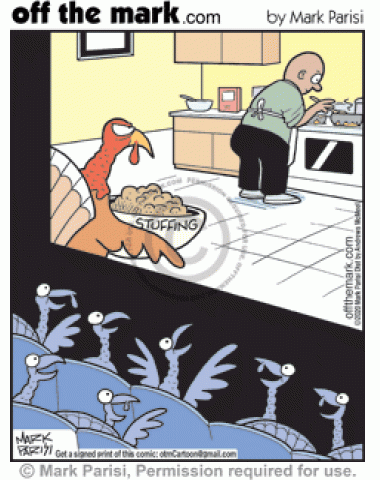Turkeys audience likes movie of turkey with stuffing behind man coking Thanksgiving dinner.