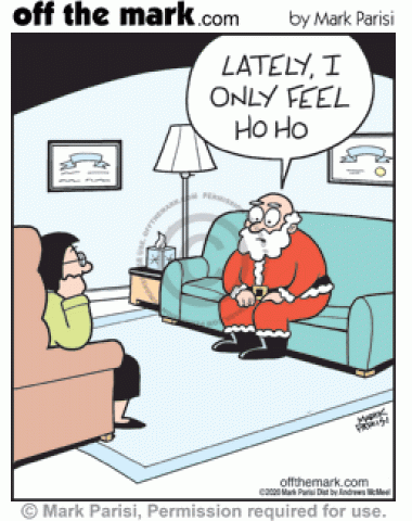 Depressed Santa Claus in therapy appointment says he only feels ho ho to psychiatrist.