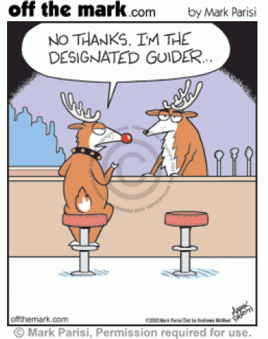 Santa’s Rudolph at bar tells reindeer bartender he’s the designated Christmas sleigh guider and not drinking.