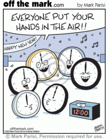 Annoyed digital alarm clock at New Year’s party is left out of fun hand raising midnight celebrations.