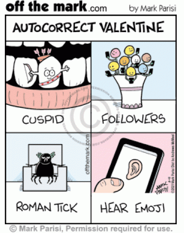 Valentine’s texts spelling cupid tooth cuspid, smartphone social media followers flowers, Roman tick romantic & ear hear emoji heart.