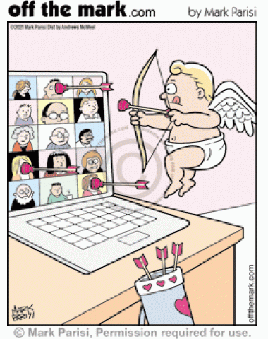 Valentines cupid on laptop shoots arrows at online Zoom meeting screen remote love matches.