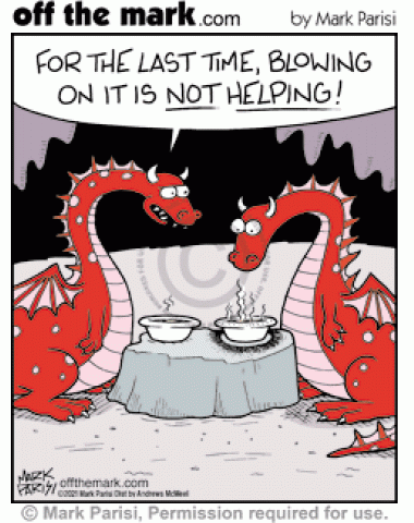 Dragon eating hot soup tells dragon with burned bowl blowing fire wont help cool it down.