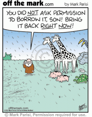 Angry Bible’s Noah in rain with animals tells teenage son to bring back borrowed ark.